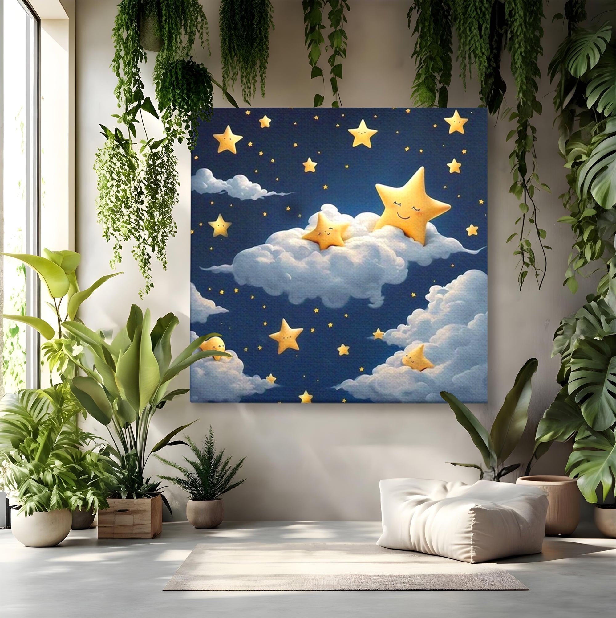 Tablou canvas cu ilustratie cu stelute si norisori, fara rama, pe sasiu de lemn
